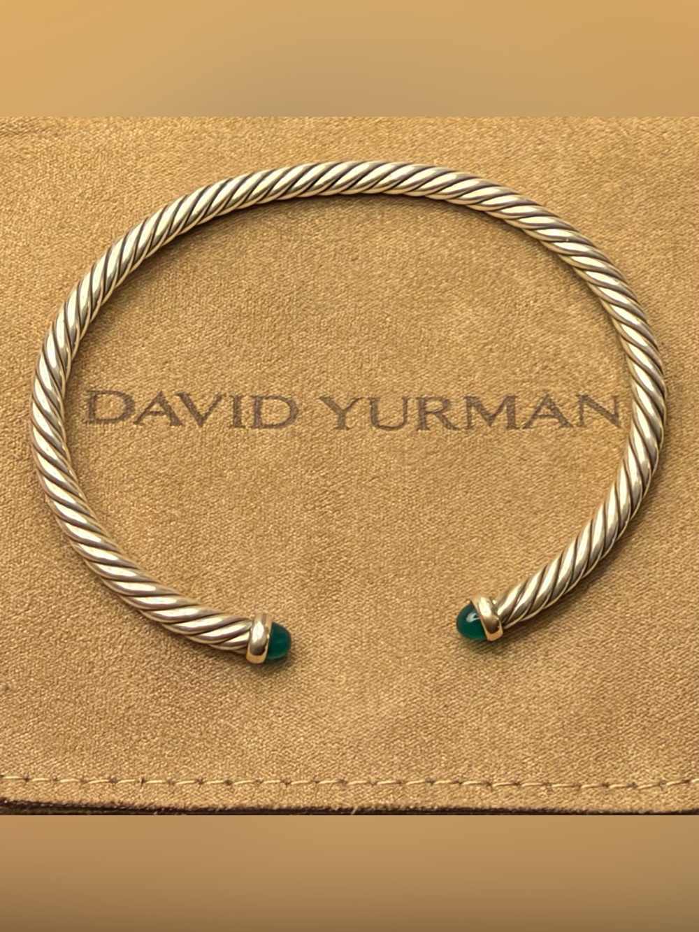 David Yurman Cable Flex Bracelet Sterling Silver 14K Gold Green Onyx Size L - Picture 1 of 3